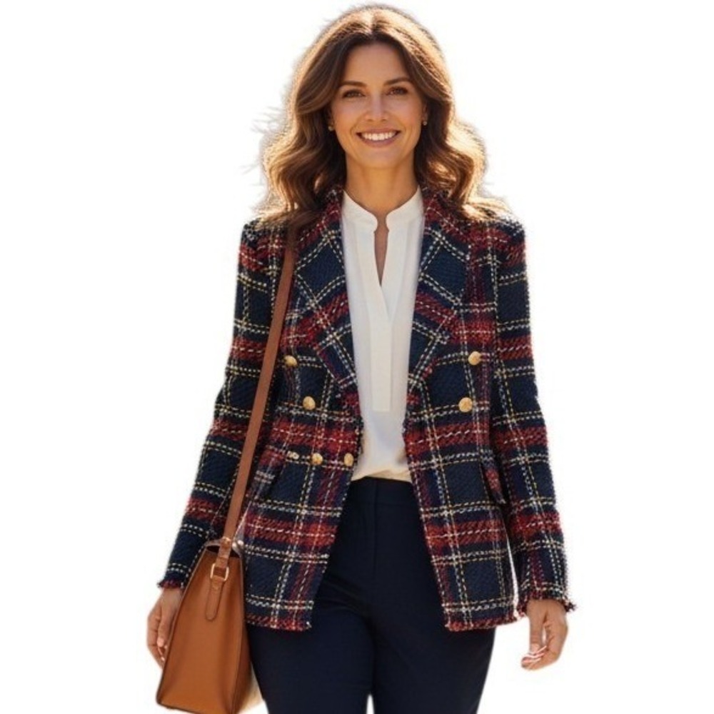 CBRL Plaid Check Fringe Women size Medium Academia Classic Career Teacher Blazer